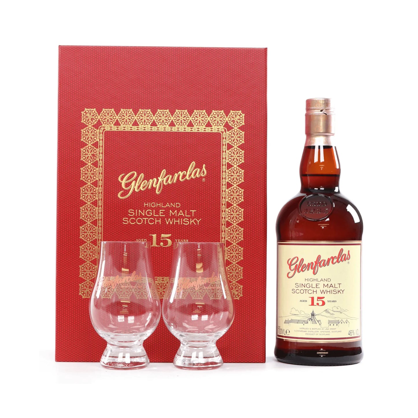 Glenfarclas 15 Year Old Single Malt Scotch with 2 Glasses Booze House
