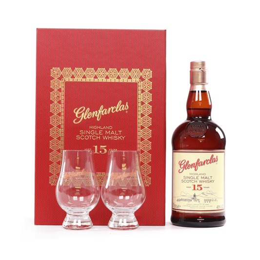 Glenfarclas 15 Year Old Single Malt Scotch with 2 Glasses