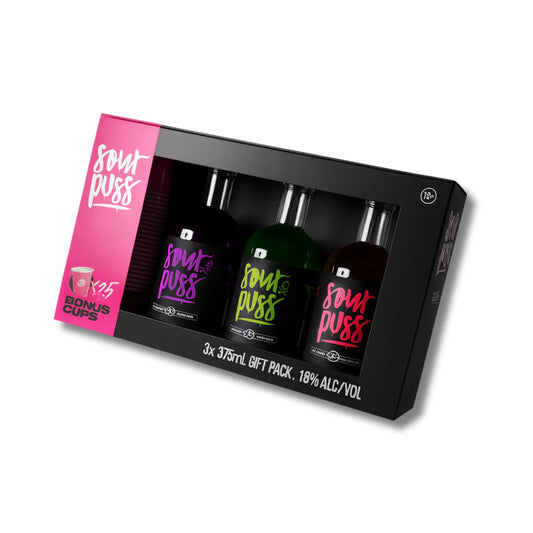 Sour Puss Liqueur Gift Pack 3 X 375ml With Shot Glasses Booze House