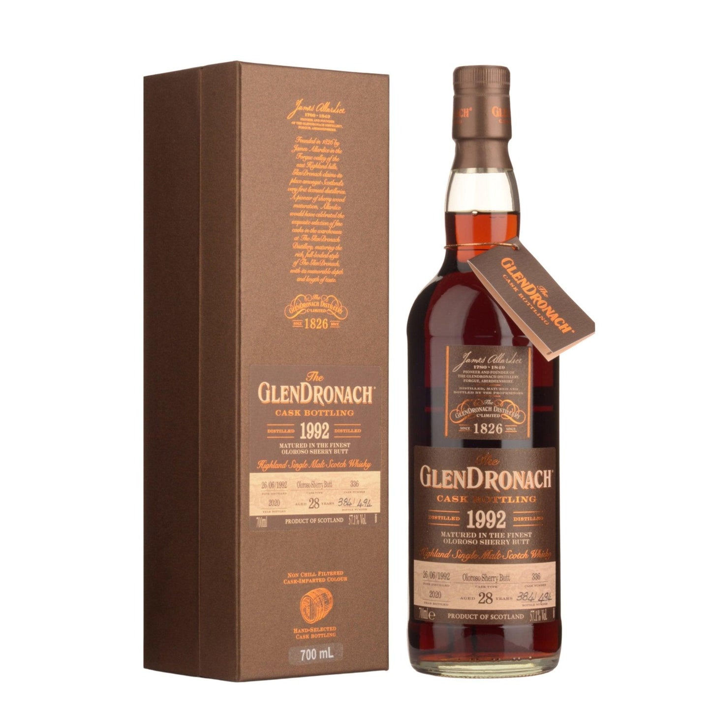 1992 Glendronach Single Cask No.336 Oloroso Sherry Butt Cask Strength 28 Year Old Single Malt Scotch Whisky (700ml) - Booze House